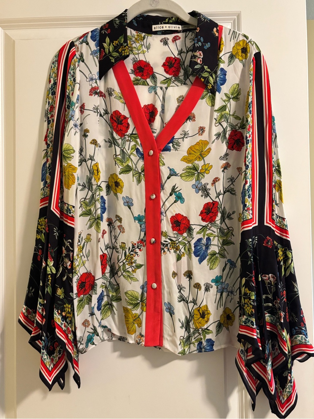 Alice + Olivia Multi floral button-front blouse with red trim and black accents
